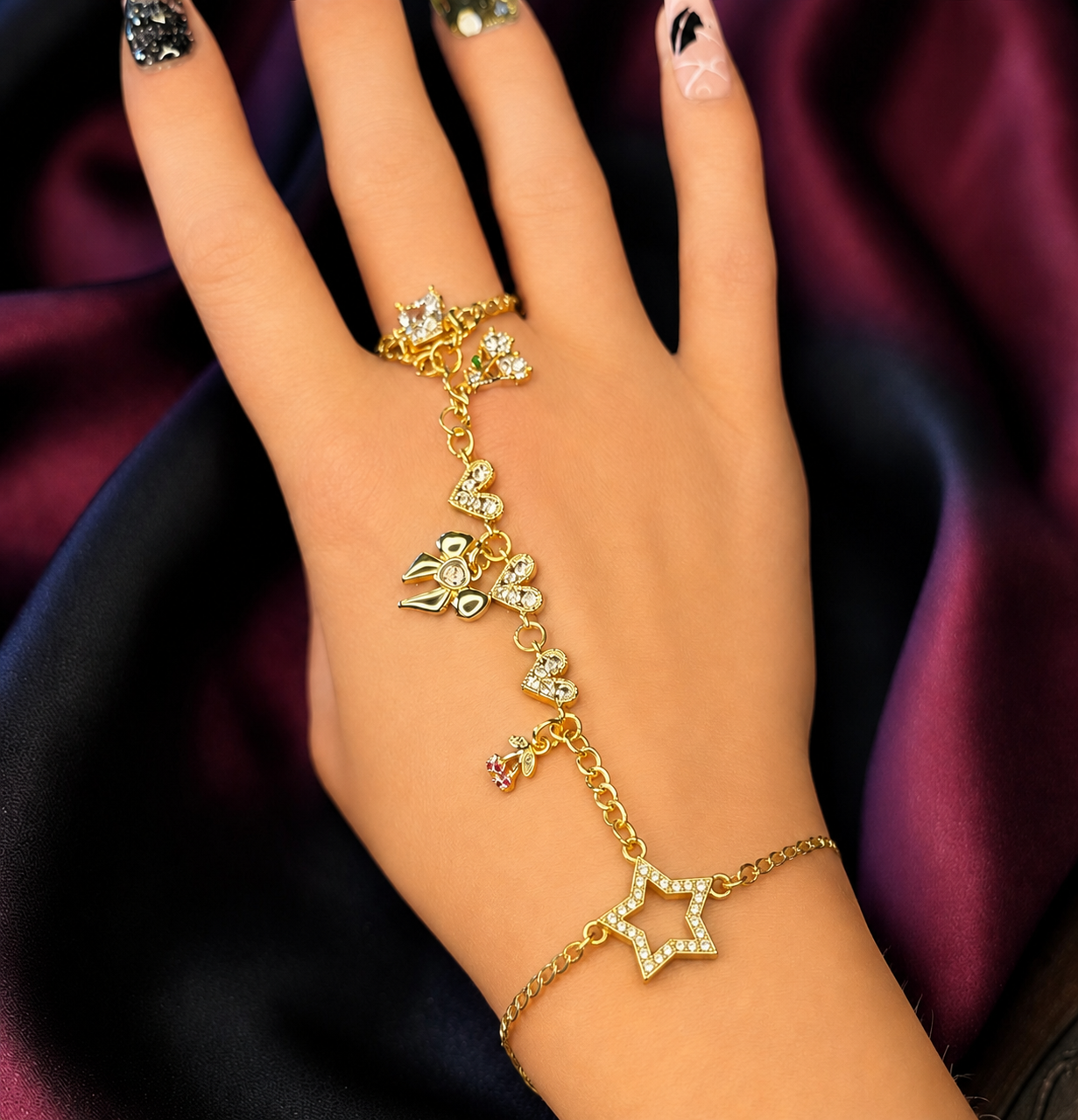 Custom Hand Harness - Bracelet Hand Chain Ring - 18 Karat Plated & 18 Karat Gold Filled
