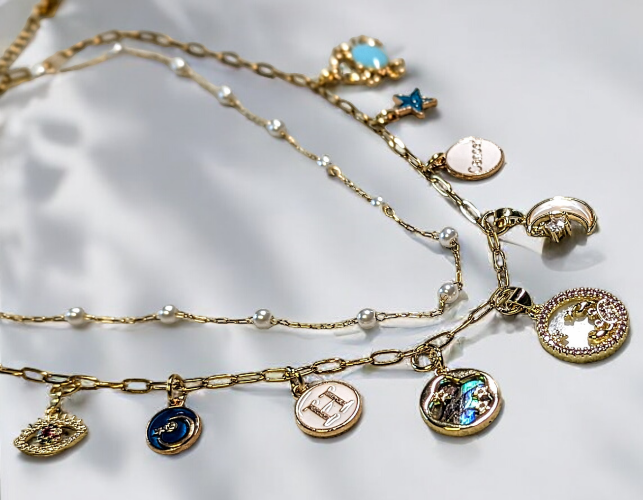 Pre-designed_Cancer_Sign_ Astrology_Themed_Layered_ Pearl_Charm_Necklace_Custom- Handmade_&_Customizable_ Crab_
themed_Jewelry_Handmade_ Necklace_Customizable_Necklace_ Gifts For Her_PearlEnvy