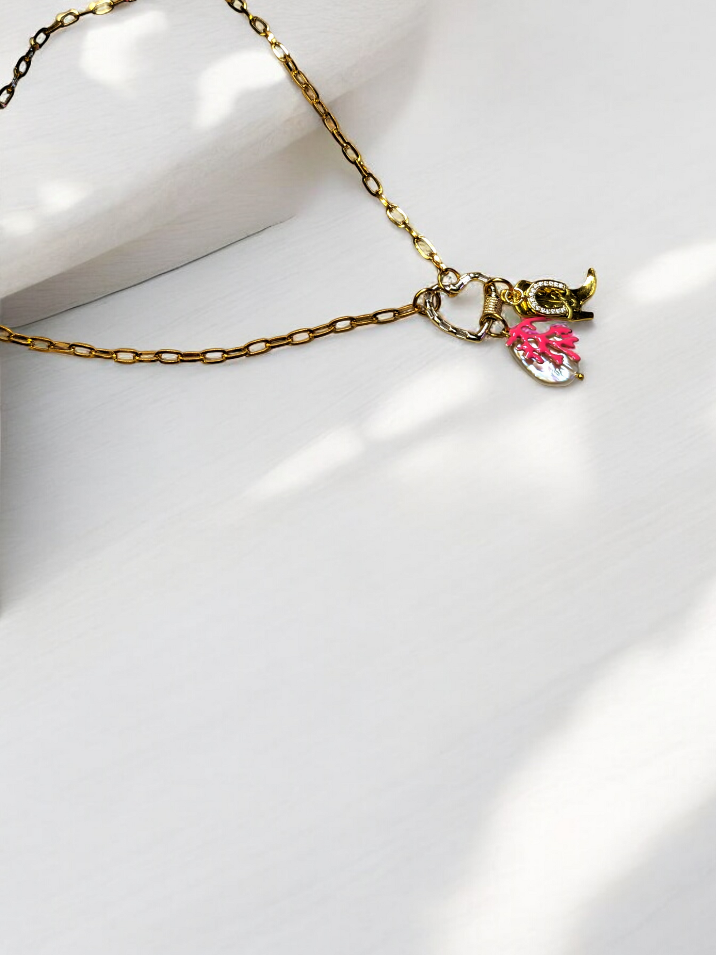 Minimilist Coastal Cowgirl Charm Necklace Handmade and Pre-designed with Boot, Horseshoe, Boraque Pearl and Corral Design - Perfect Gift for Her, Daughter, Sister, Mom or Friend