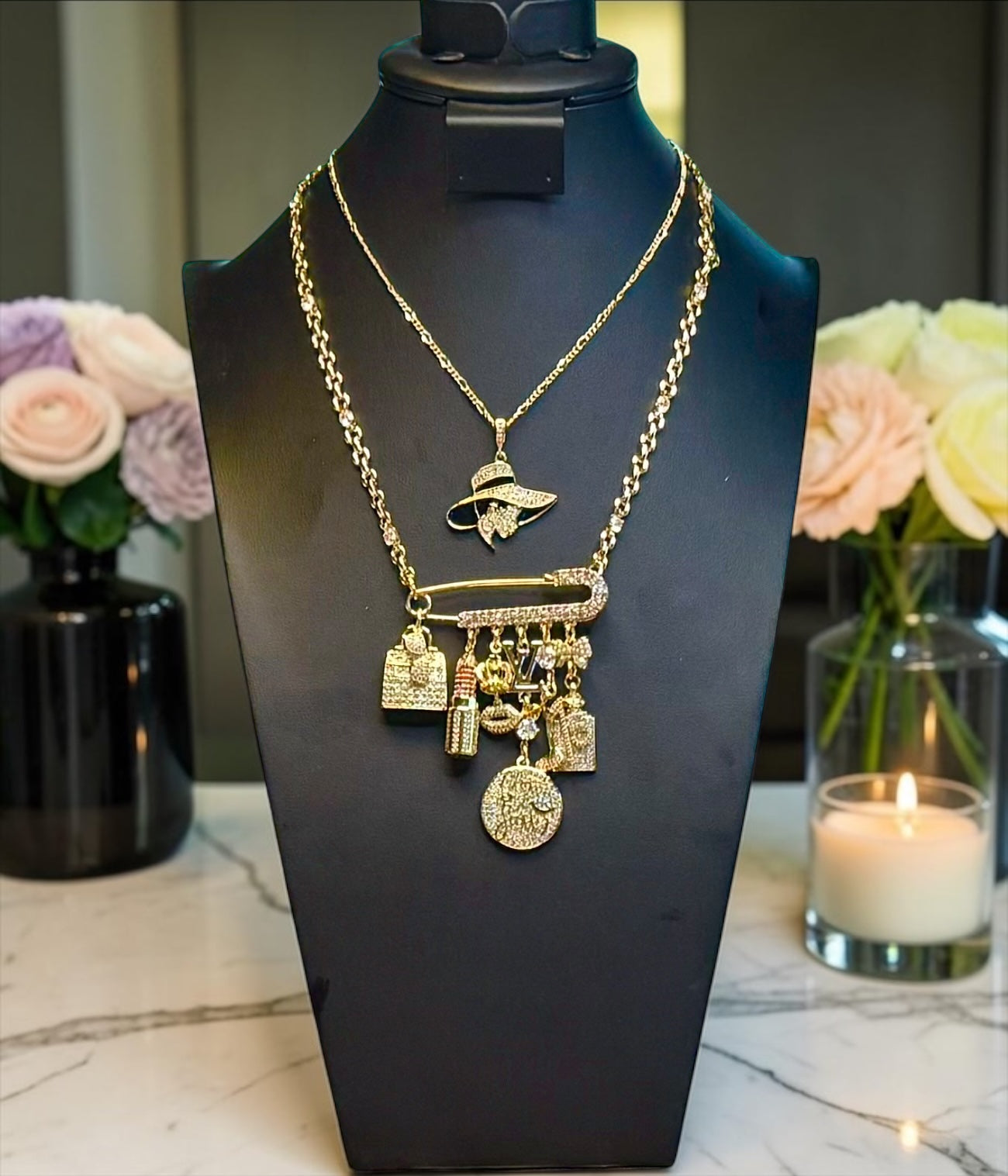 Broachless - Brooch Necklace - 18 Stainless Steel - 18 Karat Plated - Add 1 - 25+ Charms - 18 Karat Gold Filled Chain Option Available