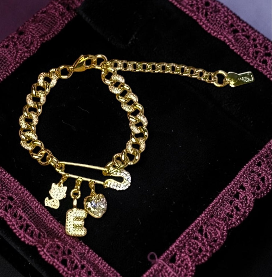 Brochette - Brooch Bracelet - Stainless Steel - 18 Karat Gold Plated - Add 1 - 25+ Charms - 18 Karat Gold Filled Chain Options Available For Upgrade Cost