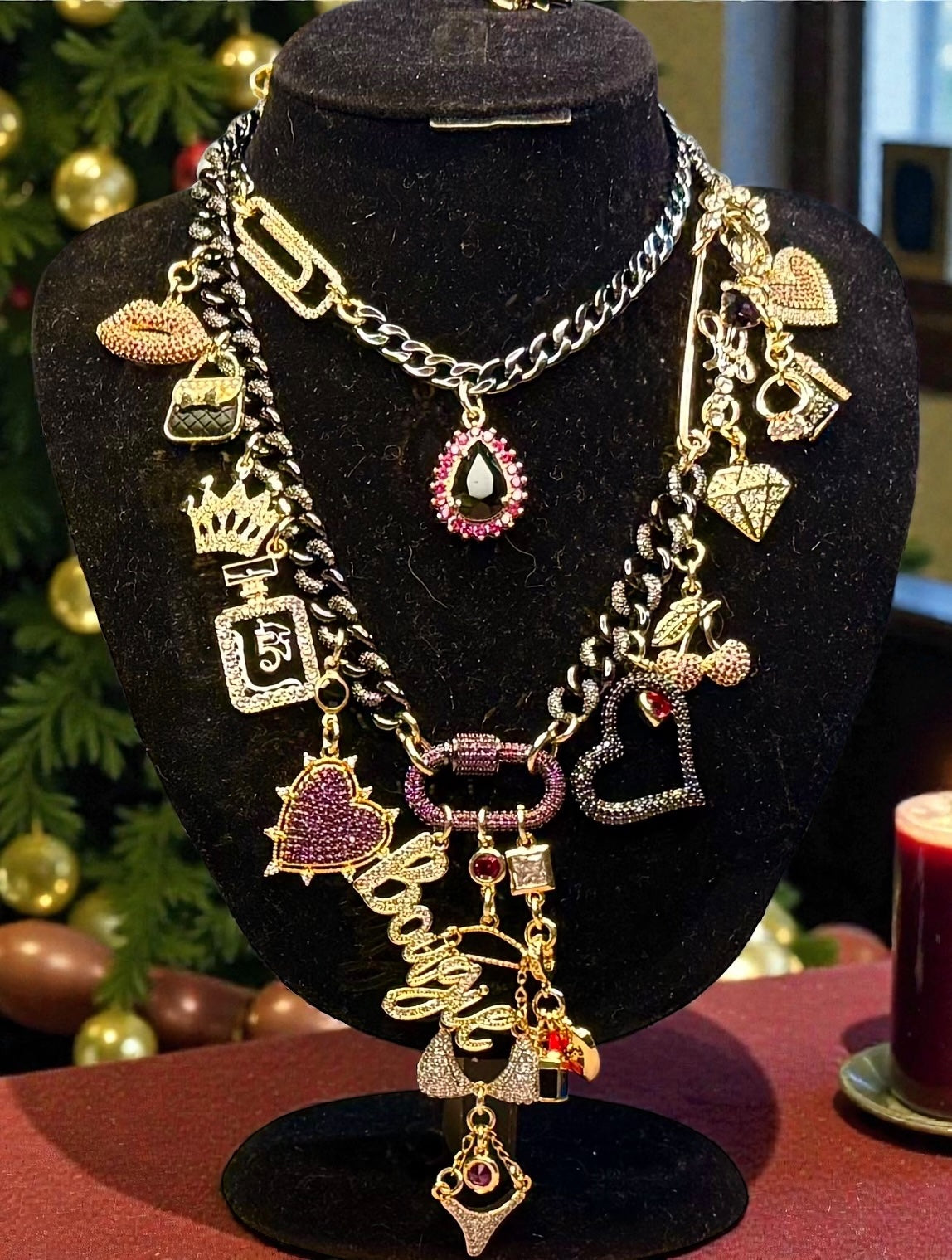 Design Your Own Custom Rhinestone Layered Charm Necklace- 3-20 Charms- Up To 3 Layers- Carabiner Option Add On