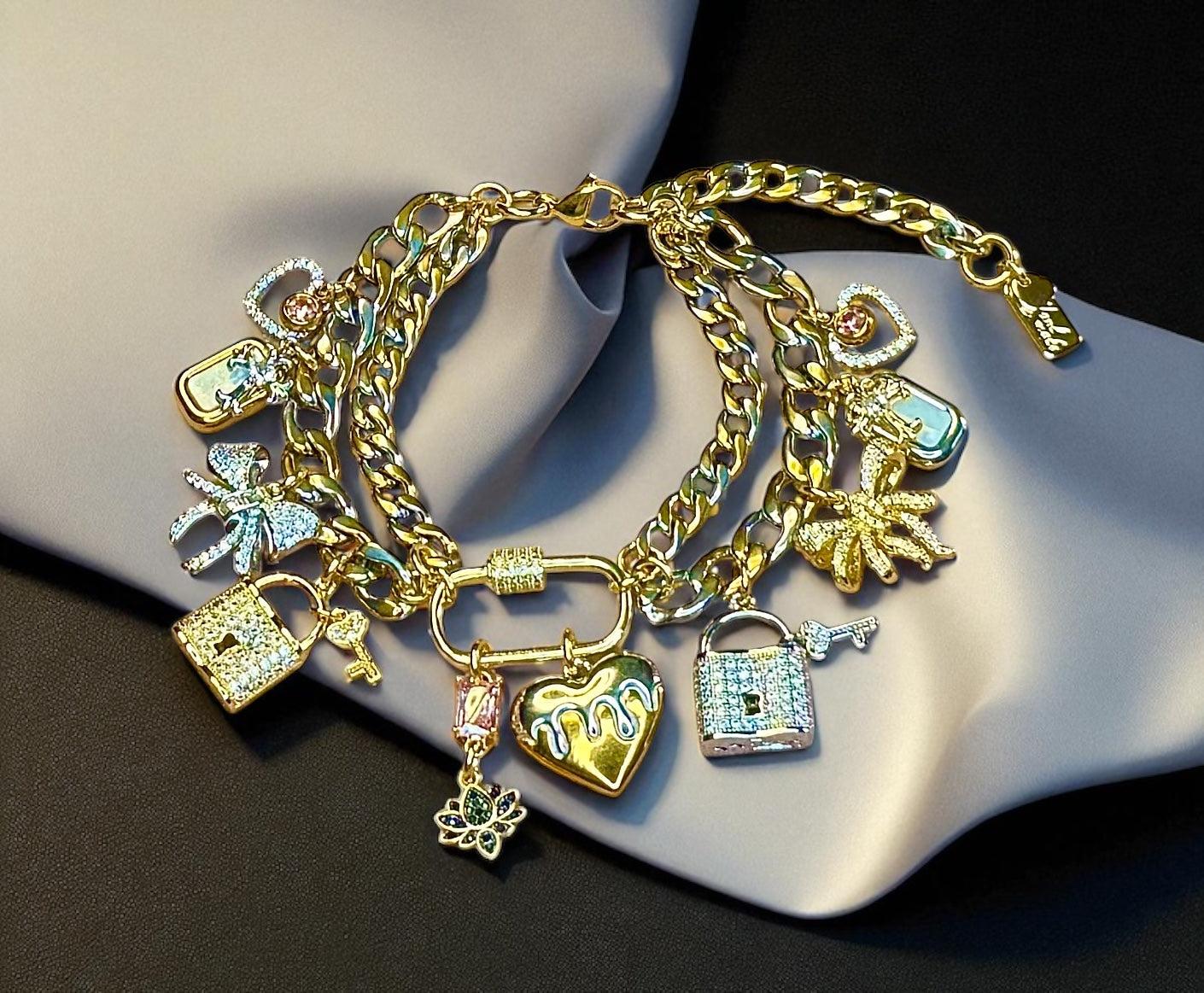 Design Your Own Custom Handmade Charm Bracelet or Anklet- 18 Karat Gold Plated-Stainless Steel- 3 to 20 Charms- 3 charms Included In Base Price Double Layer Option- Carabiner or Toggle Option