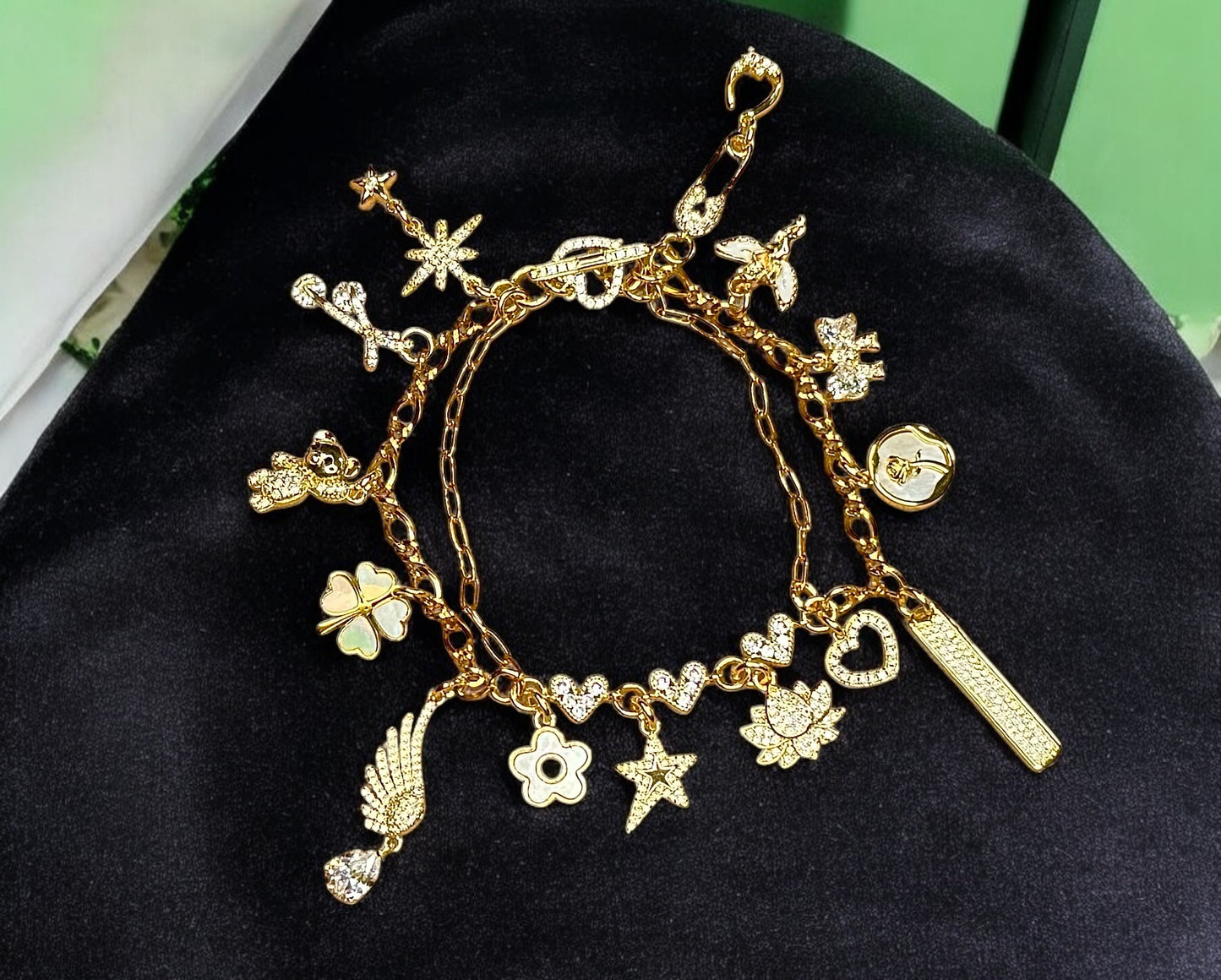 Design Your Own Custom Handmade Charm Bracelet or Anklet- 18 Karat Gold Plated-Stainless Steel- 3 to 20 Charms- 3 charms Included In Base Price Double Layer Option- Carabiner or Toggle Option