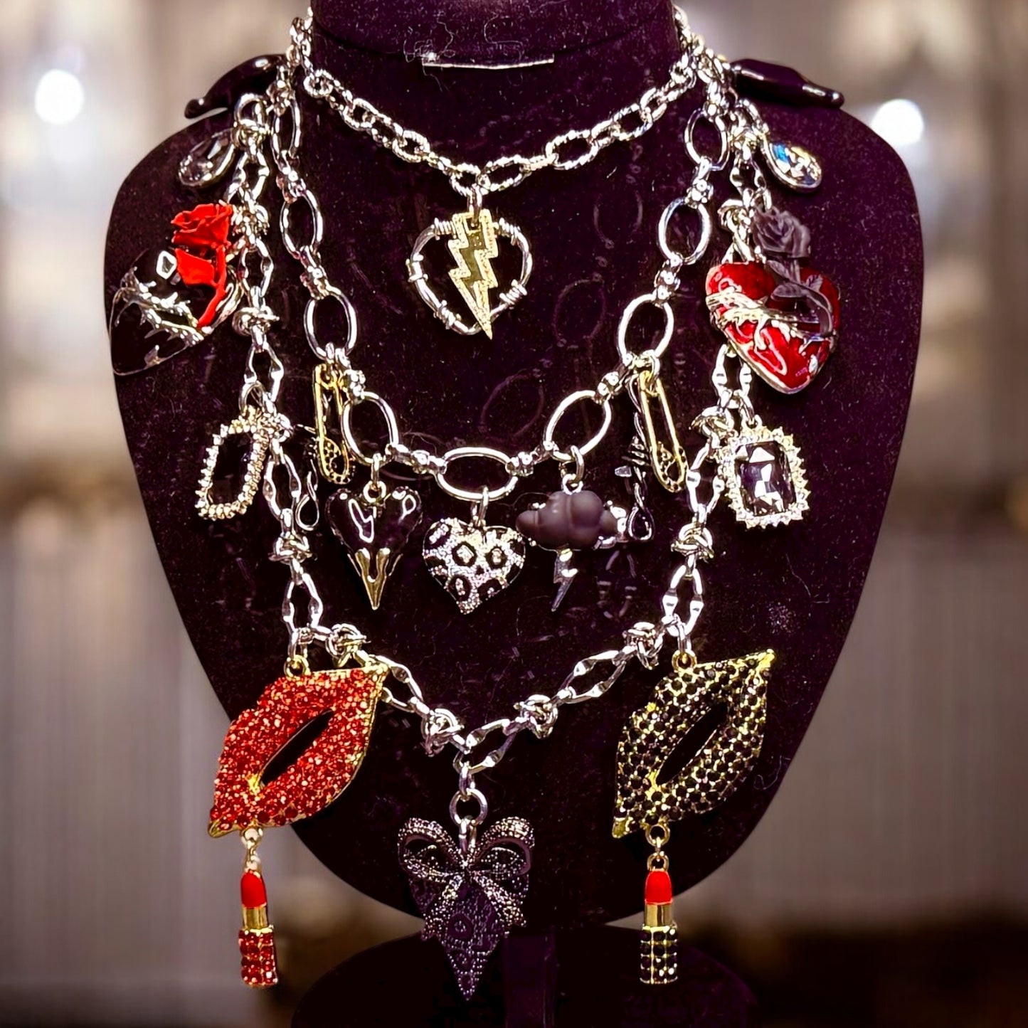 Design Your Own Custom Rhinestone Layered Charm Necklace- 3-20 Charms- Up To 3 Layers- Carabiner Option Add On