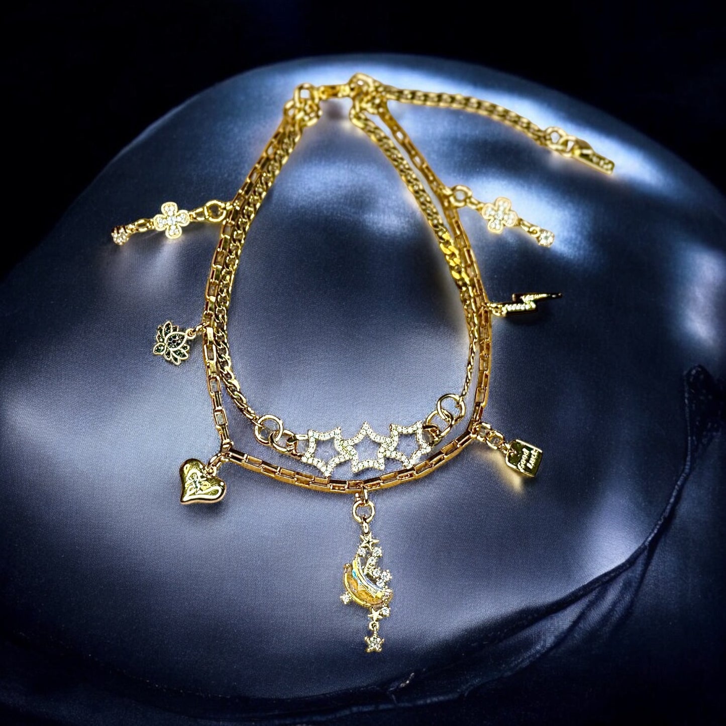 Design Your Own Custom Handmade Charm Bracelet or Anklet- 18 Karat Gold Plated-Stainless Steel- 3 to 20 Charms- 3 charms Included In Base Price Double Layer Option- Carabiner or Toggle Option