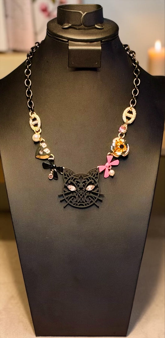 Pre-Designed Kitty Connector Necklace - With 8 mm Stainless Steel Black Rolo chain - 9 Connector Charms
