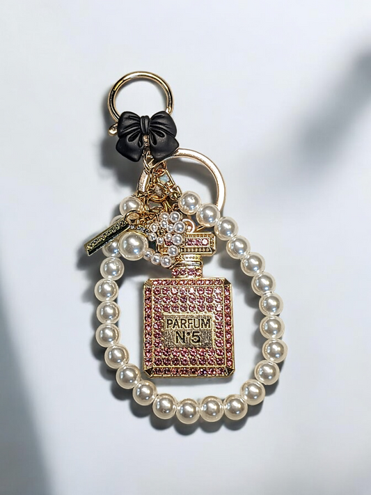 Faux Pearl Sparkling N°5 Parfum Bottle Charm Key Chain or Handbag Accessory Custom Handmade